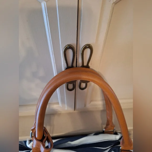 Lovevook Striped Blue and White Weekender Bag with Tan Accents - Picture 5 of 16